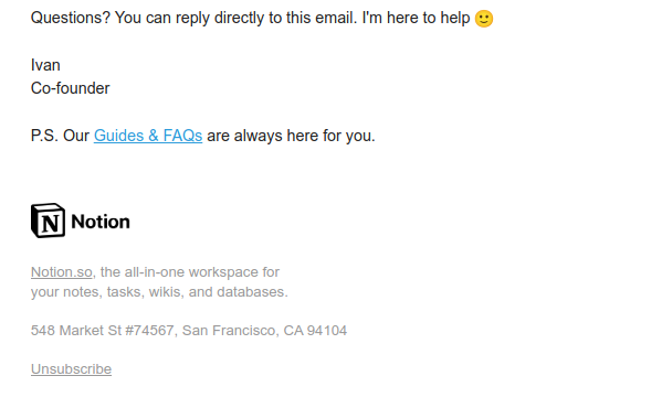 Exemplo de assinatura de e-mail do Notion.