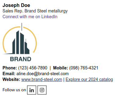 Modelo de assinatura para representante de vendas para uma empresa metalurgia.