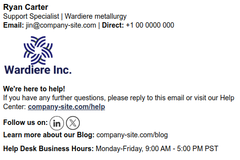 Exemplo de assinatura para uma empresa de metalurgia.