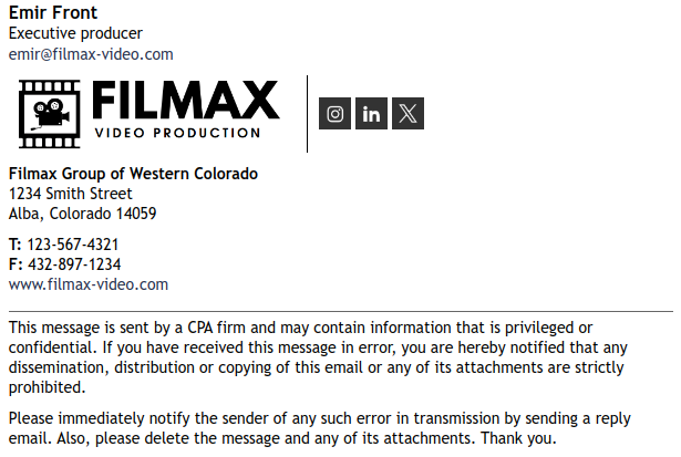 Example of an email signature for a filmmaker with legal notice.