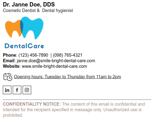 Business hours with an icon in the email signature.