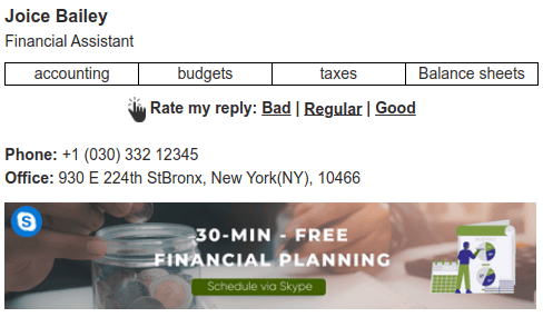 Email signatures for a financial assistant.