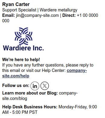 Example of business hours in email signature.