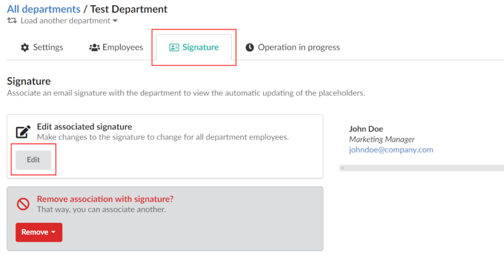 Editing the signature in department.