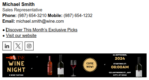 Wine email signature with a banner.