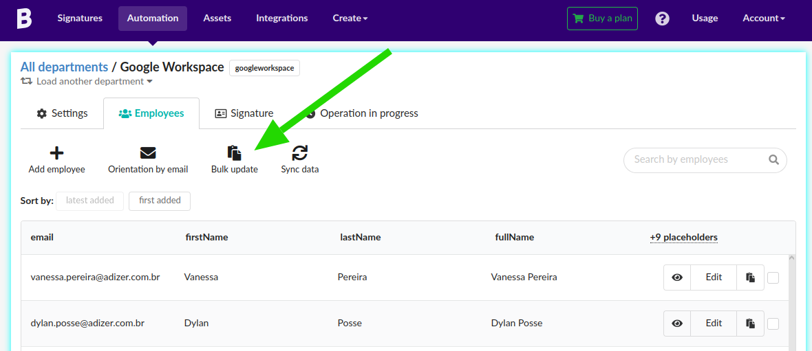 Bulk update email signature button on Department