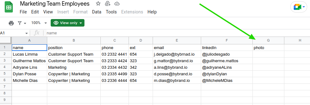 Google Sheets com espaço reservado vazio.