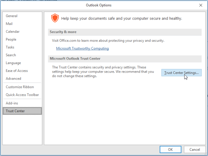 MS Outlook Trust Center Settings